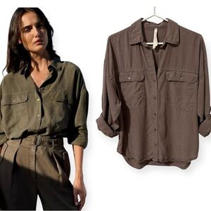 Aritzia Babaton Oversized Utility Button Down Shirt Taupe Grey size Small